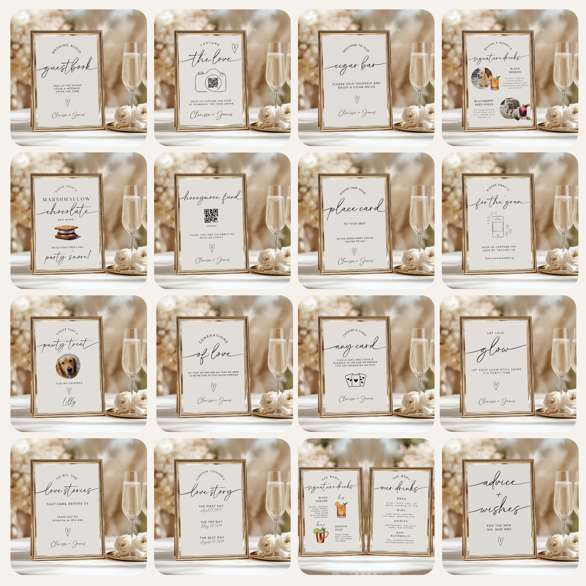 Collection of wedding stationery items with text on a neutral background