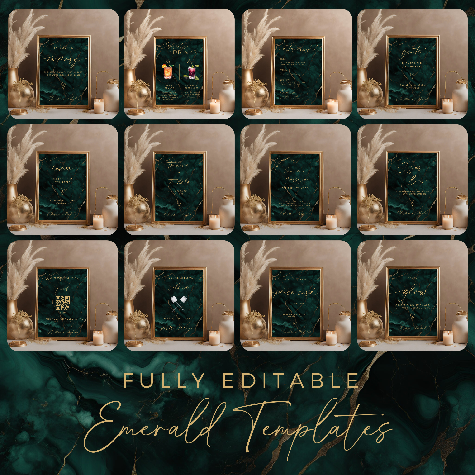 Collage of wedding stationery with green and gold design elements on a dark green background.