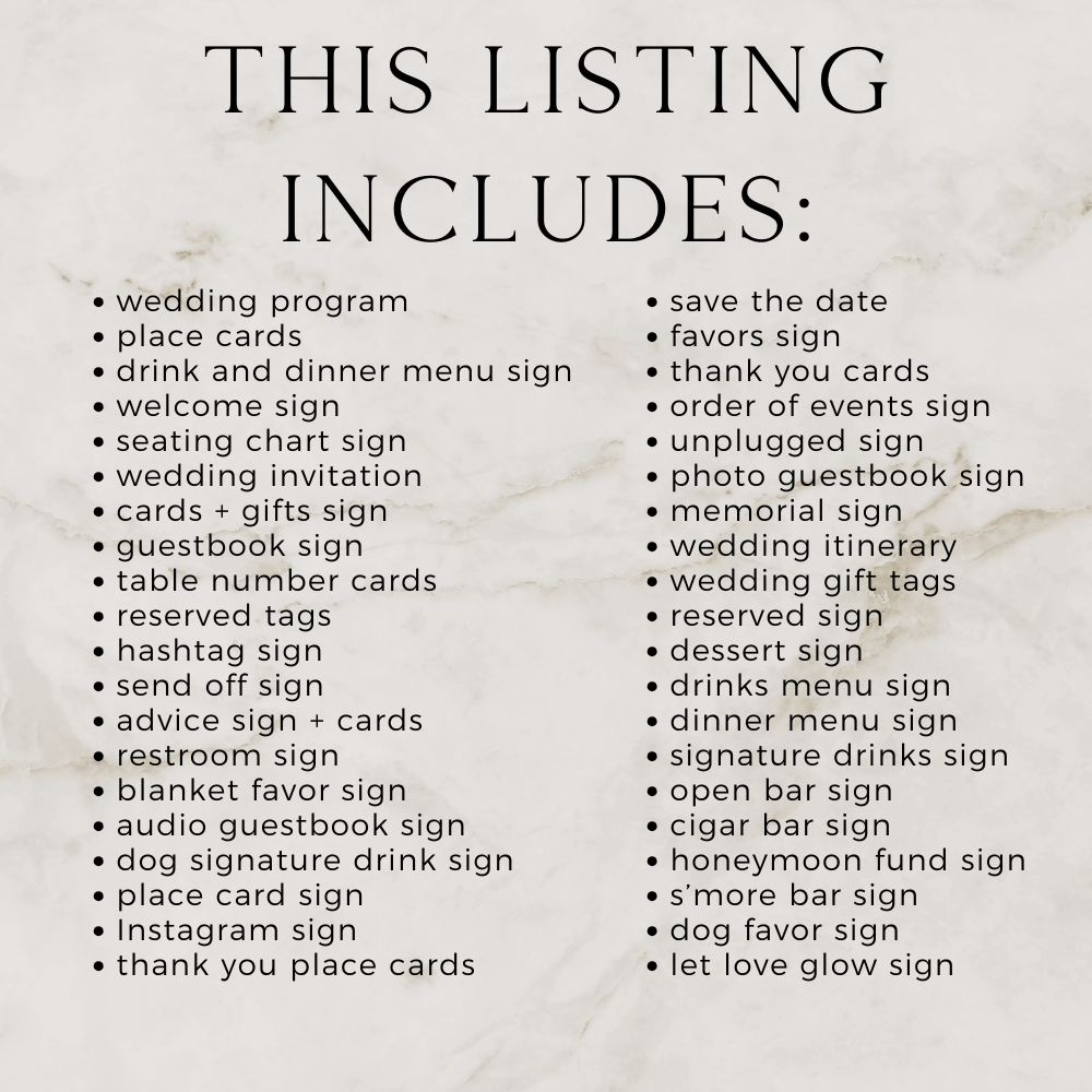 List of wedding-related signs and items on a marble background