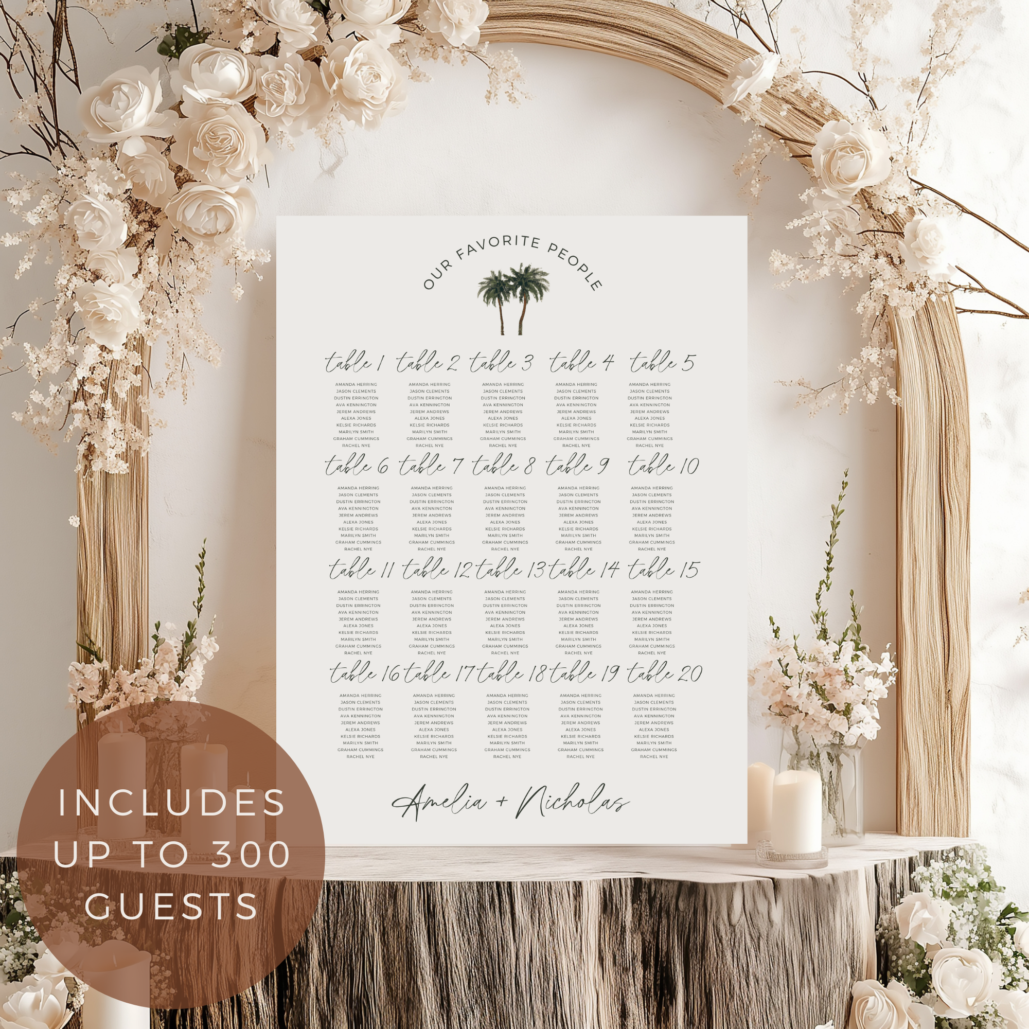 Seating chart for a wedding with tropical decorations and text overlay.