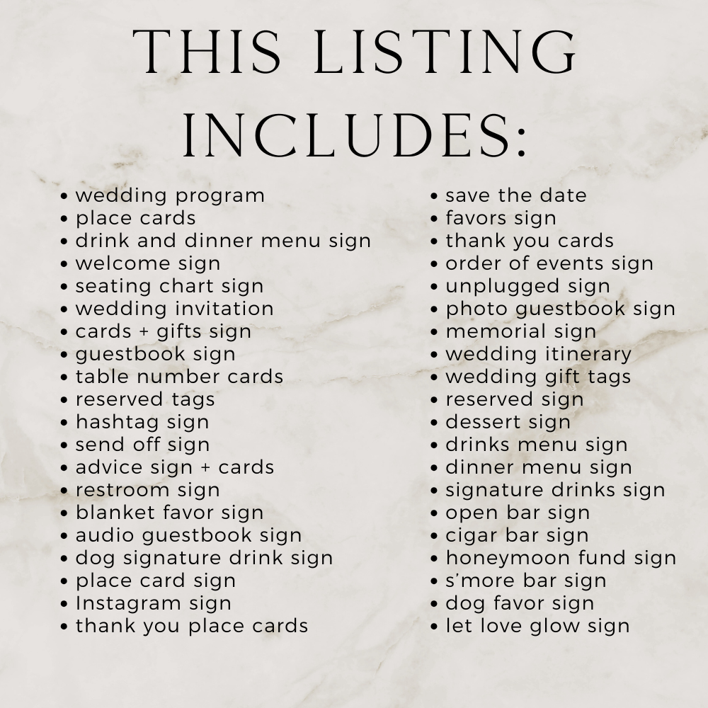 List of wedding-related signs and items on a marble background