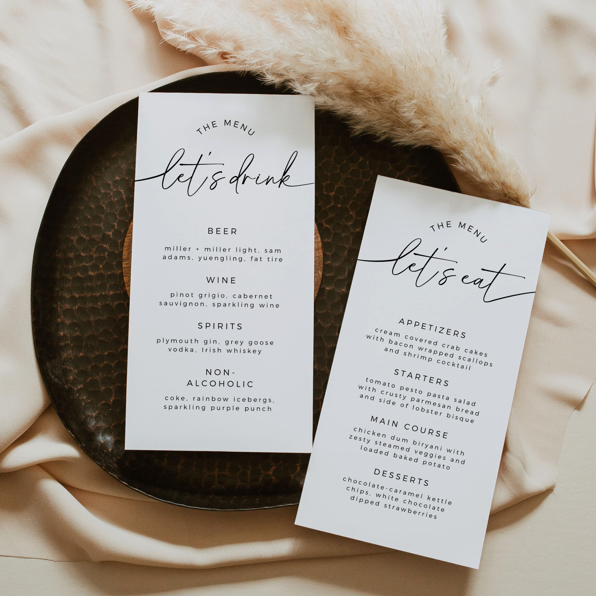 Two minimalist menu cards on a textured surface with 'let's drink' and 'let's eat' text.
