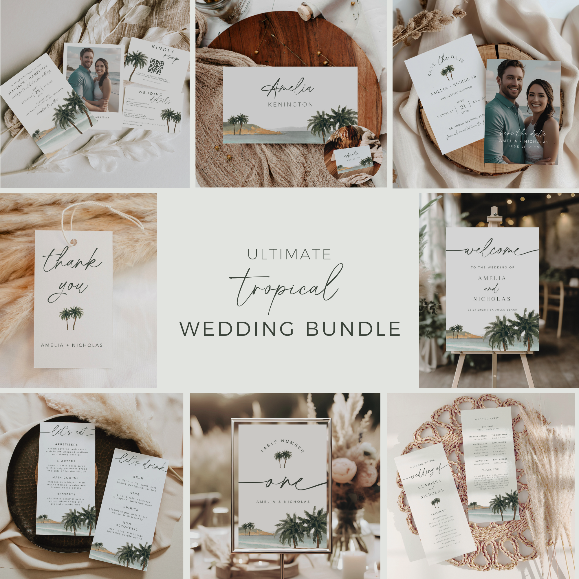 Collage of tropical wedding invitations and stationery with palm tree designs.