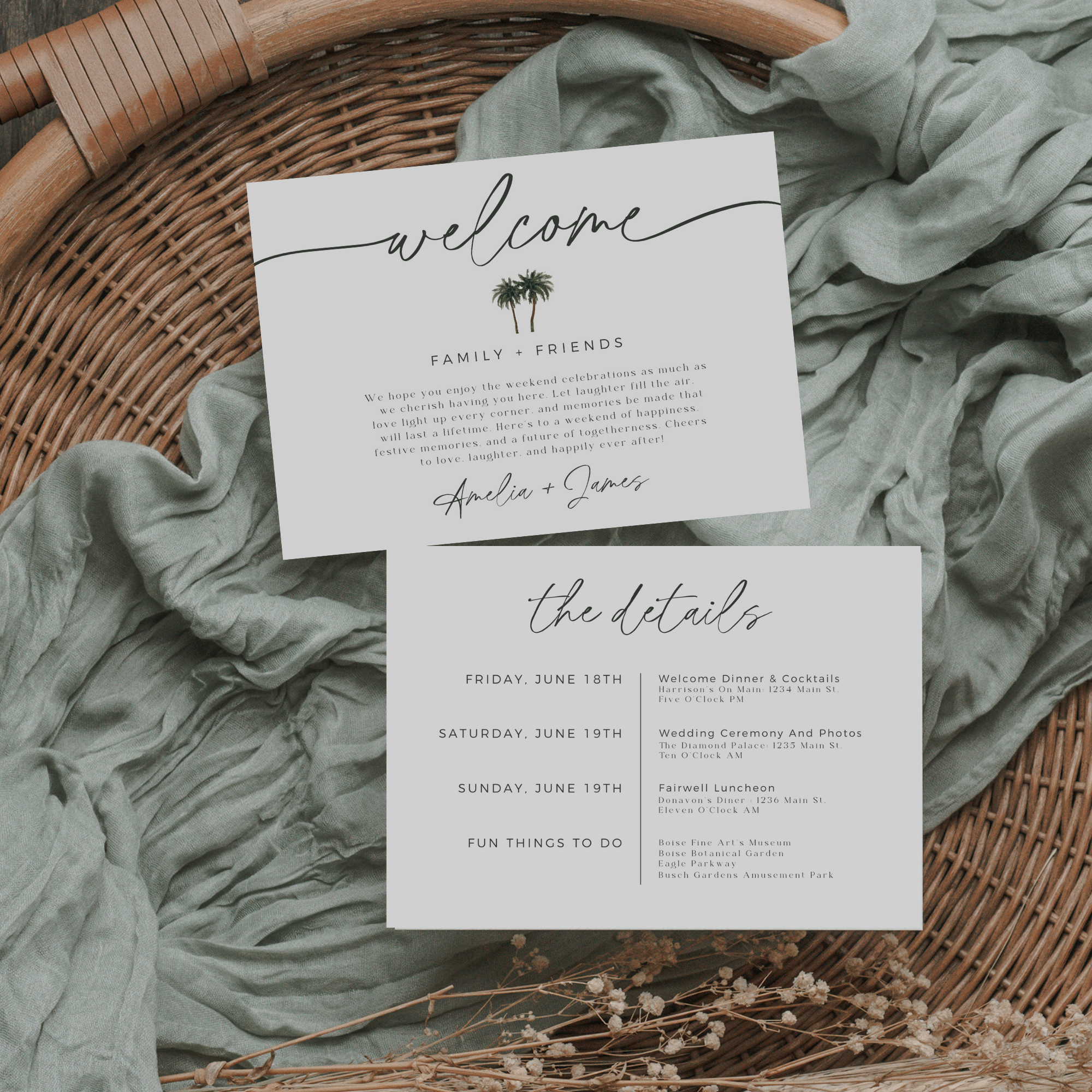 Wedding welcome and details card on a textured surface with green fabric and dried flowers.