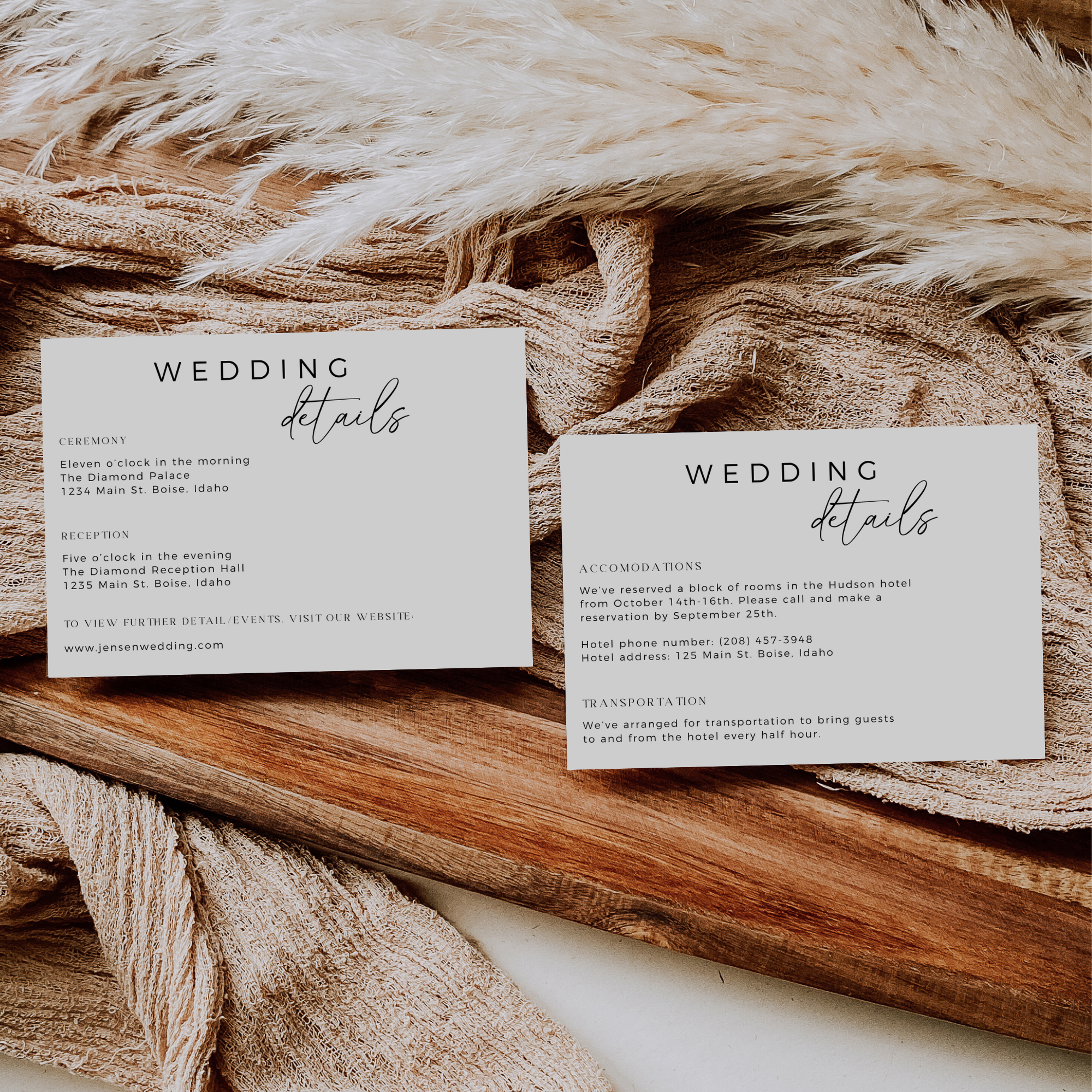 Two wedding details cards on a wooden surface with textured fabric background