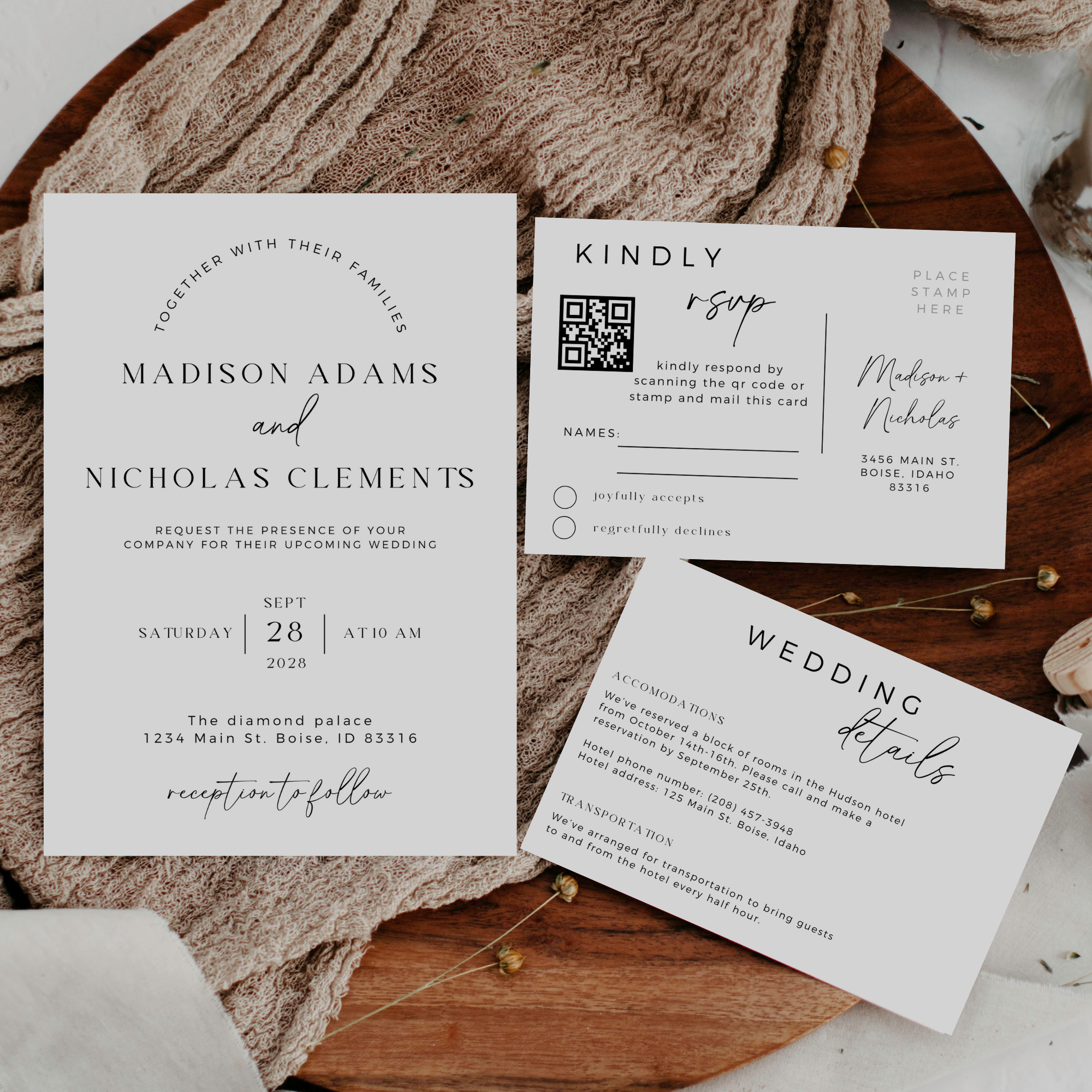 Modern Minimalist Wedding Invitation Suite - Editable Stationery