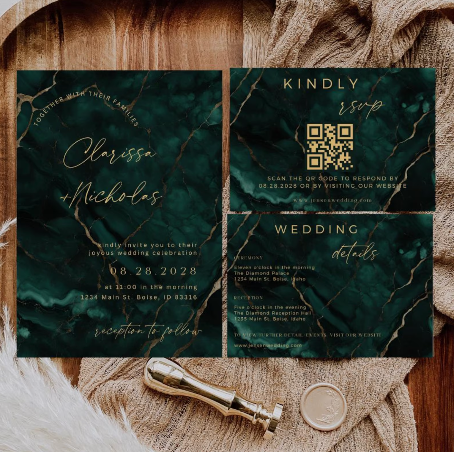 Emerald Green Wedding Invitation Suite - Editable Template | Love Lane Press