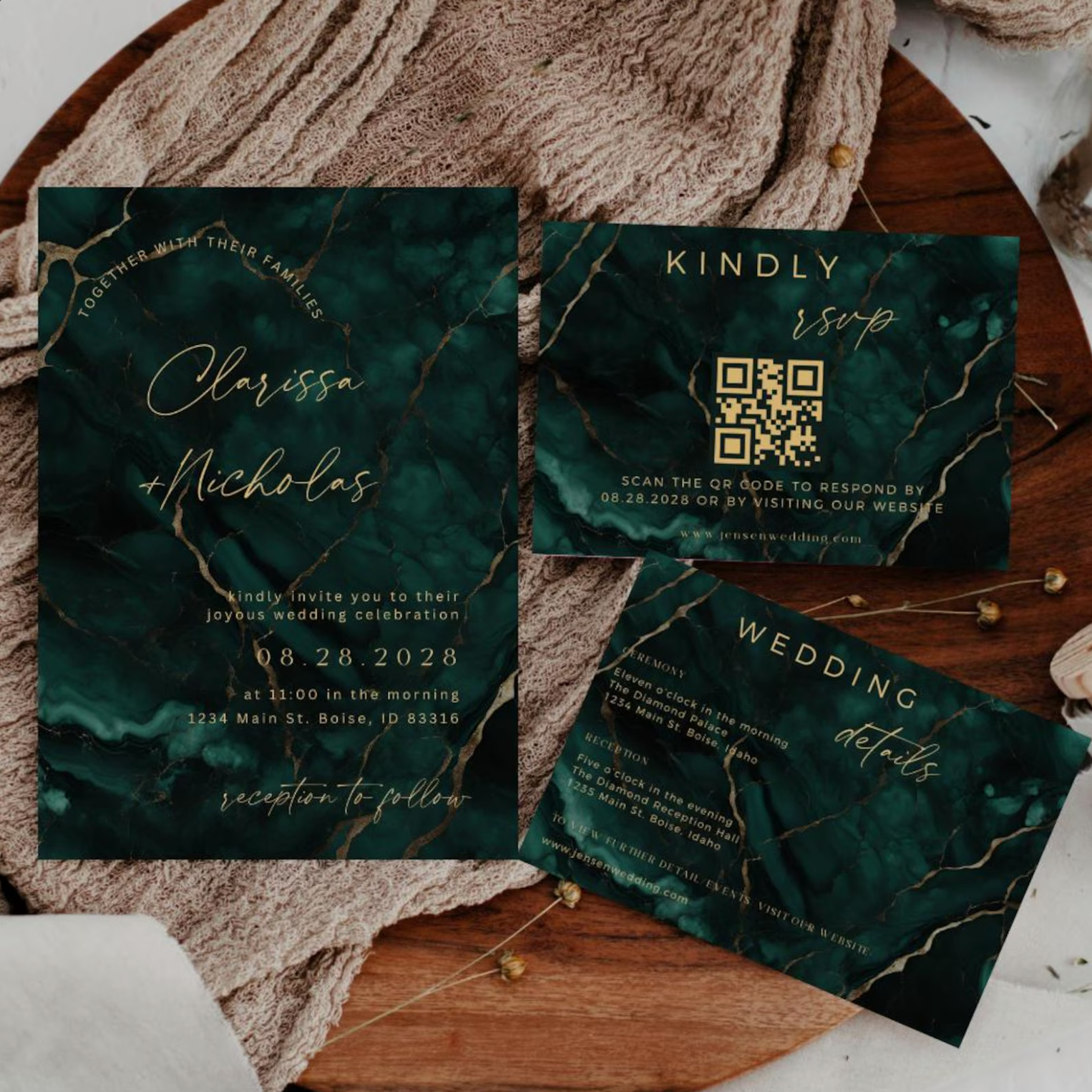 Emerald Green Wedding Invitation Suite - Editable Template | Love Lane Press