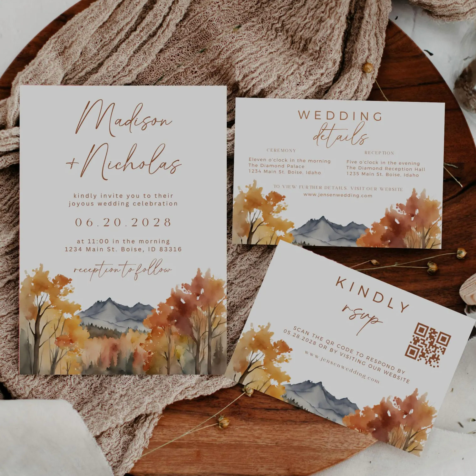 Fall Mountain Wedding Invitation Suite - Editable Template | Love Lane Press