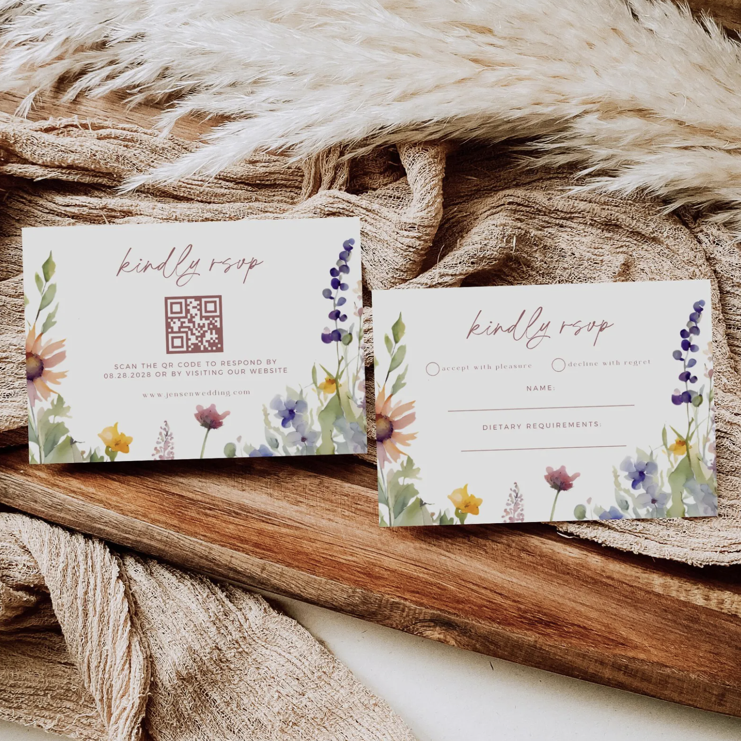 Boho Wildflower Wedding Invitation Suite - Editable Template