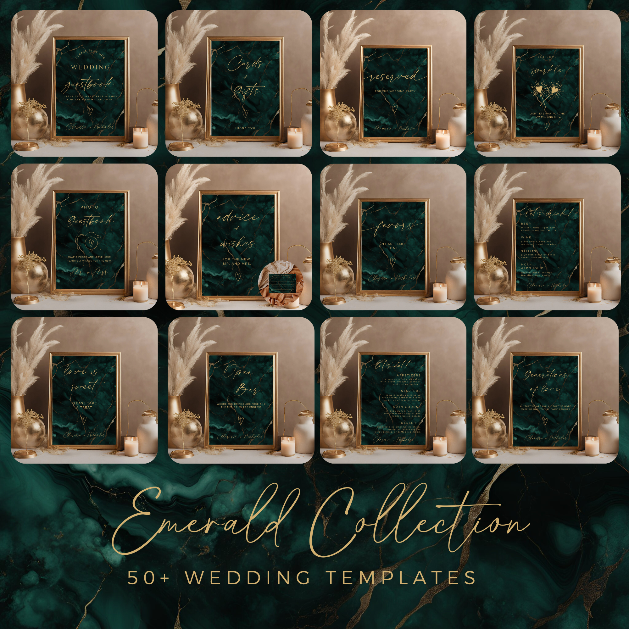 Collage of wedding templates with gold frames and candles on a dark green background, featuring the 'Emerald Collection' text.