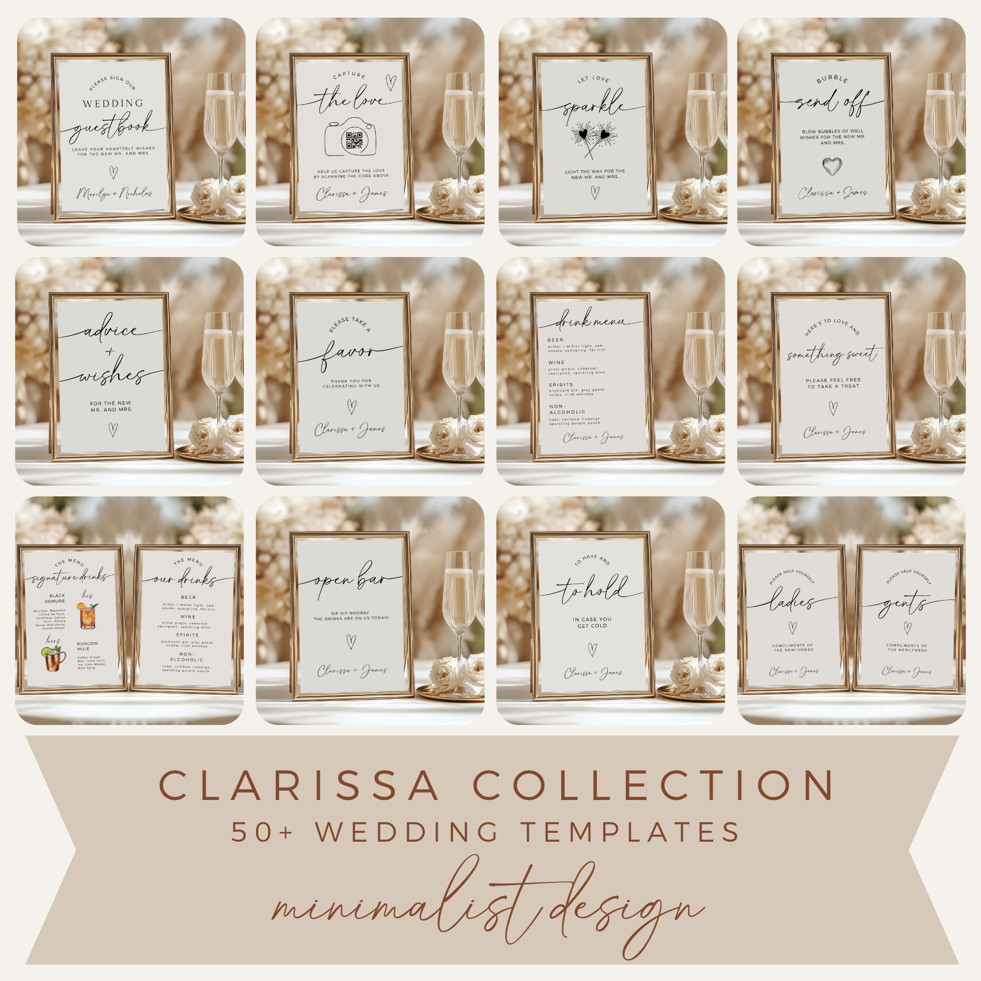 Collage of minimalist wedding sign templates.