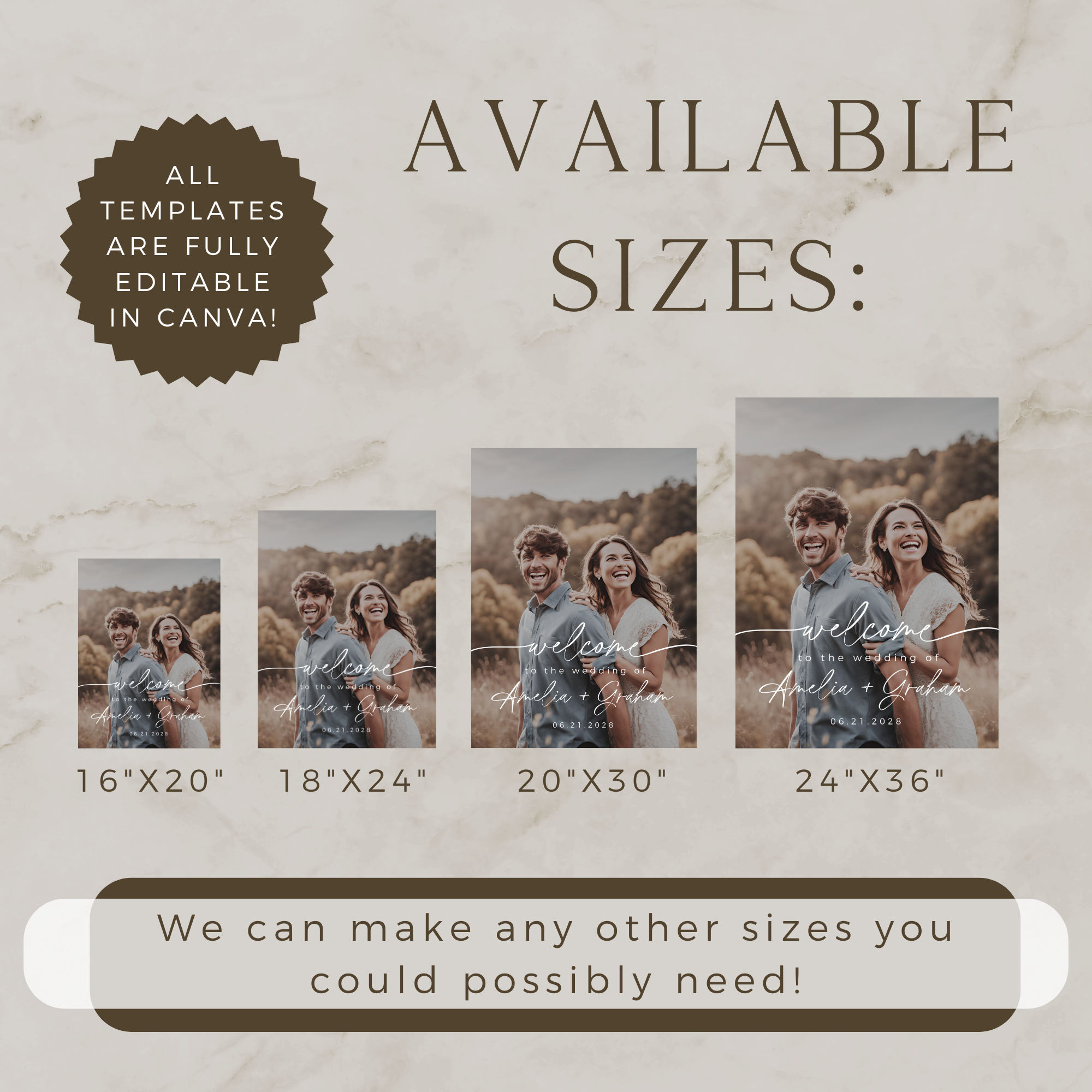 Promotional graphic for photo template sizes with customizable text on a marble background.