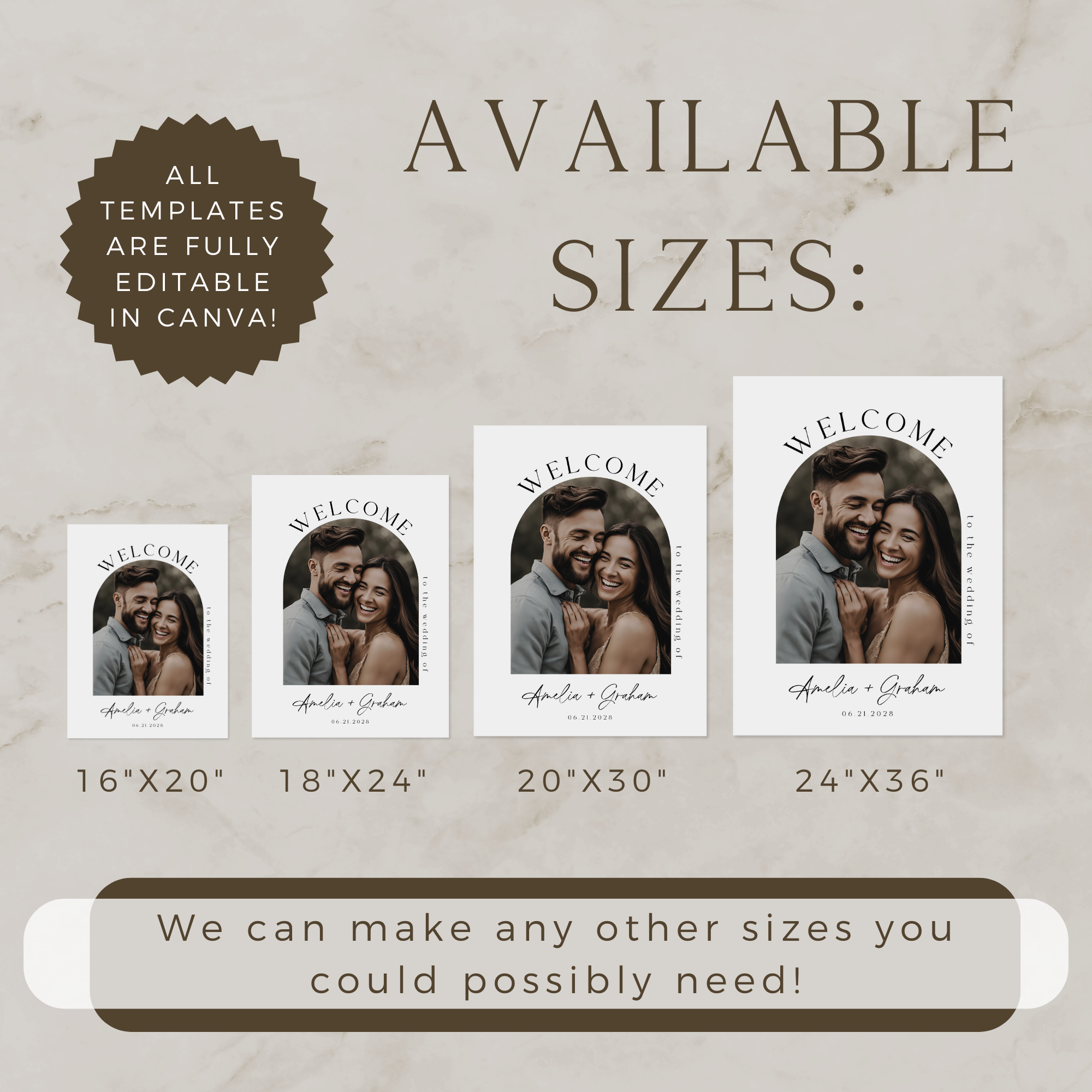 Product display with customizable photo sign sizes on a marble background