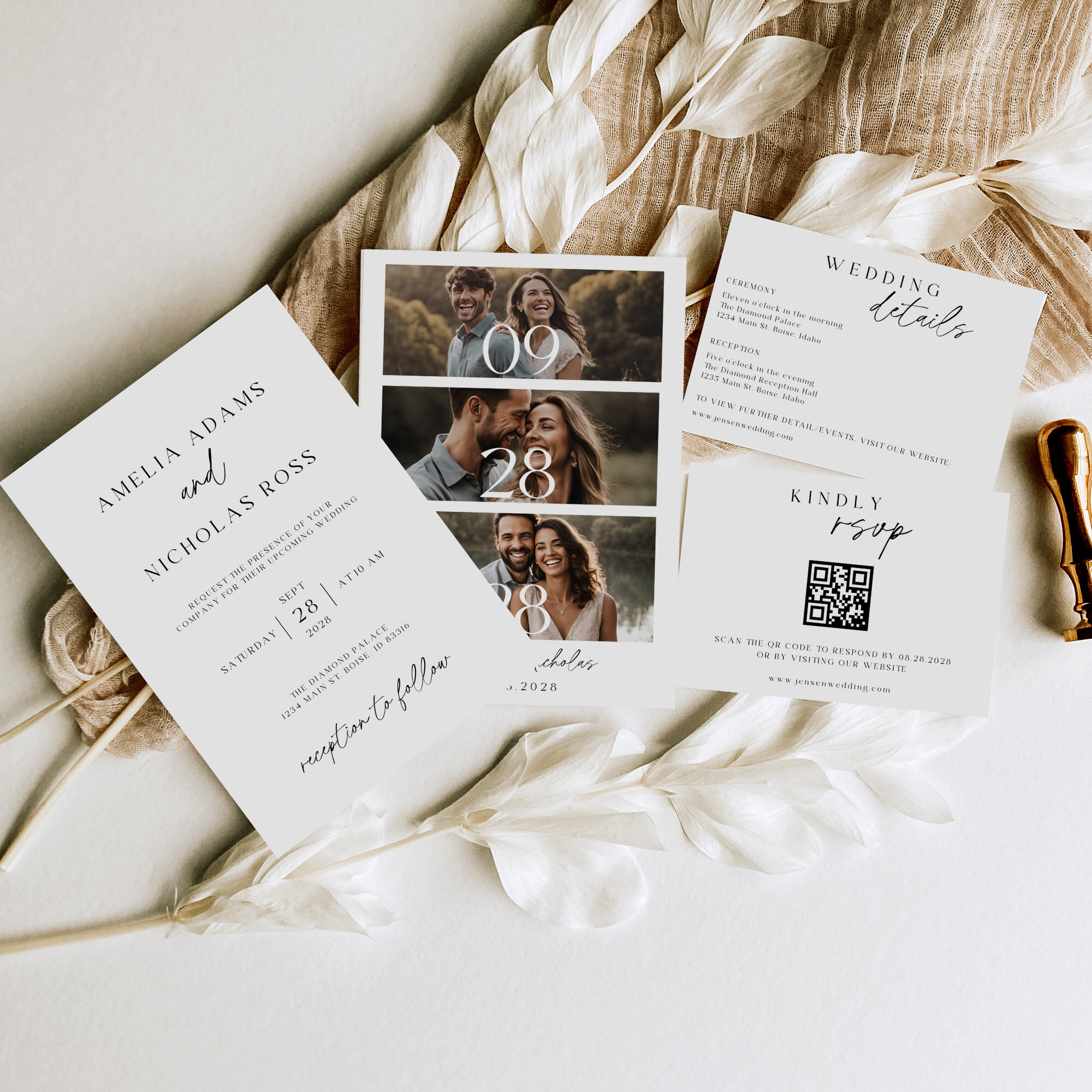 Wedding invitation set with photos and details on a neutral background