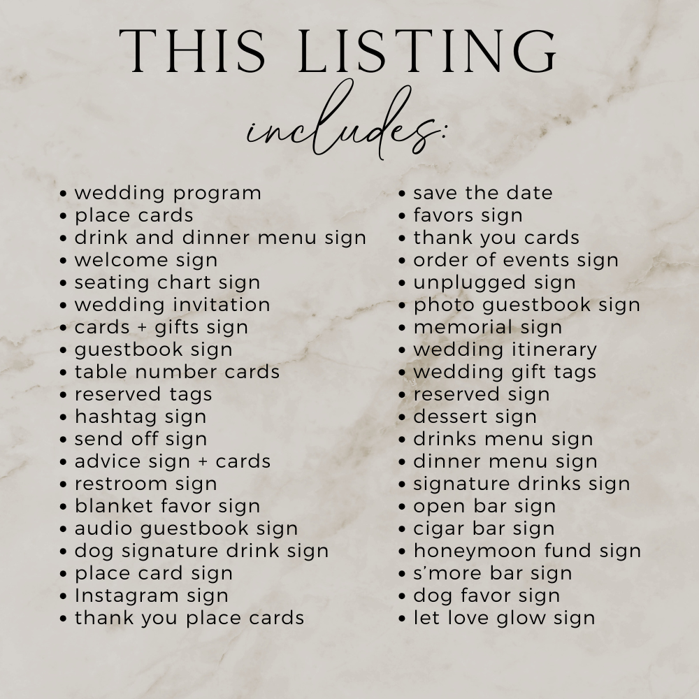 List of wedding-related signs and items on a marble background