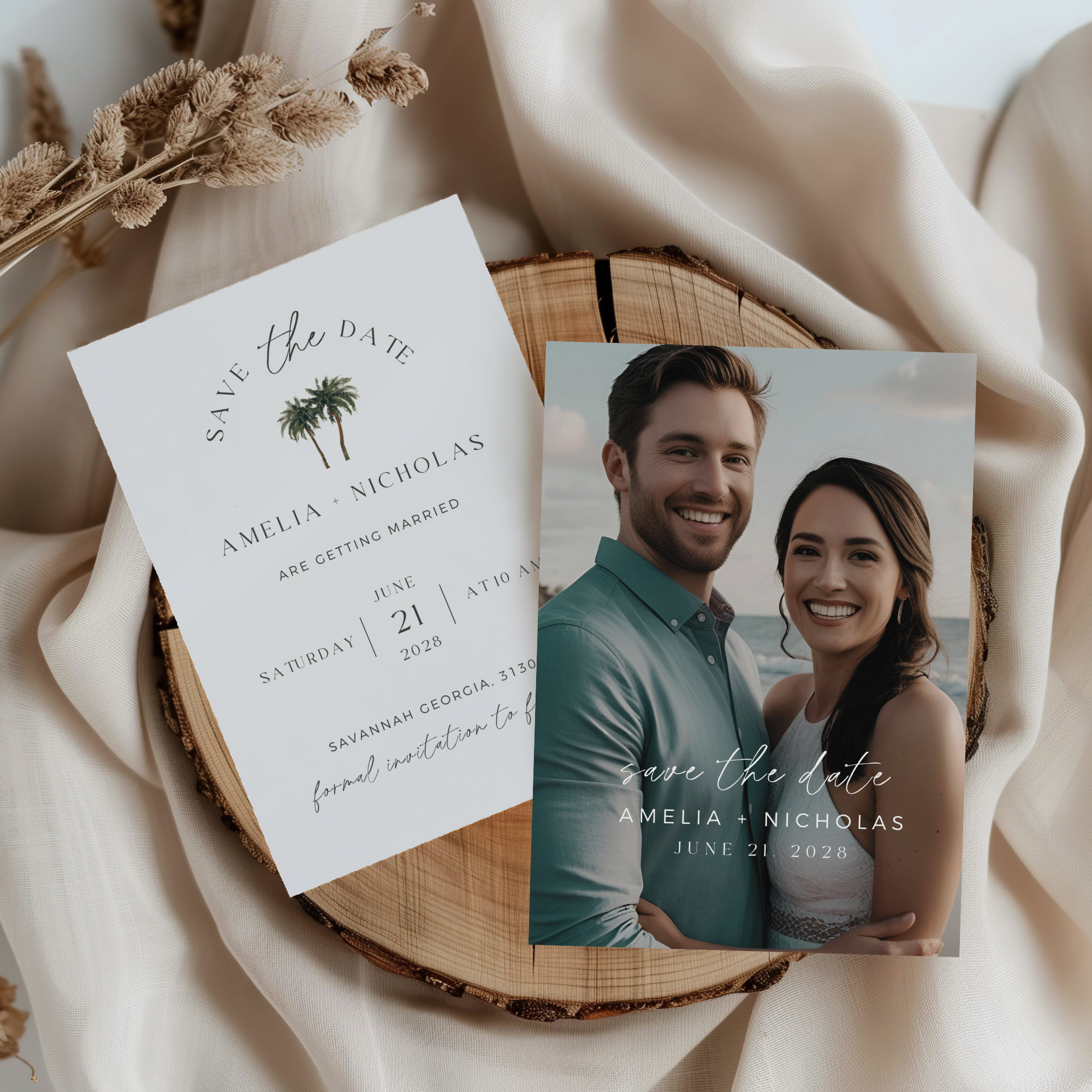 Save the date card with a couple's photo and text details on a wooden surface.