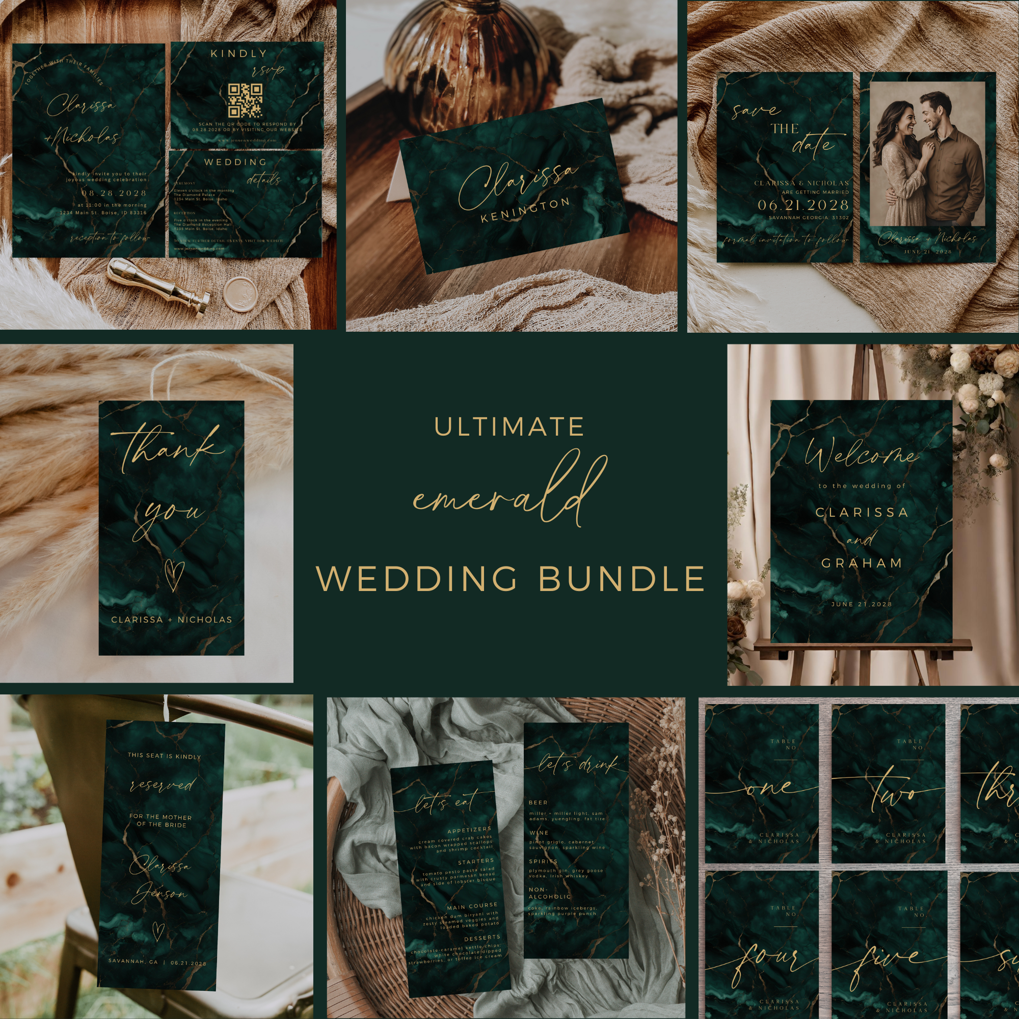 Collage of emerald wedding invitations and stationery with a focus on an 'Ultimate Emerald Wedding Bundle'.