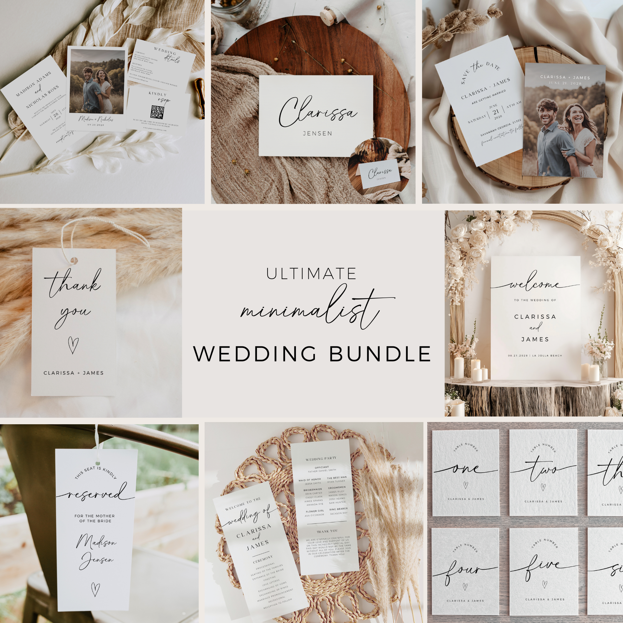 Collage of wedding stationery items with text overlay 'Ultimate Minimalist Wedding Bundle'.