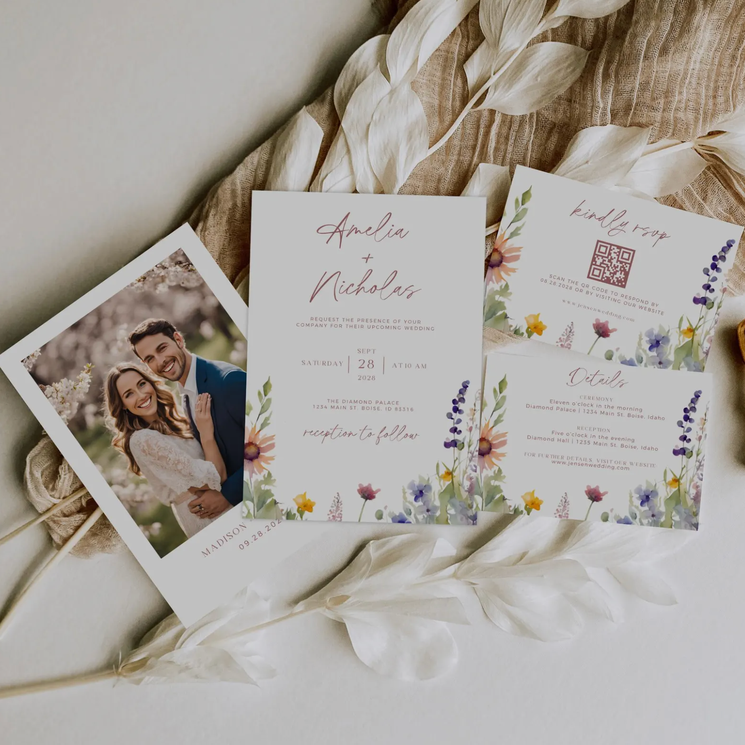 Boho Wildflower Wedding Invitation Suite - Editable Template