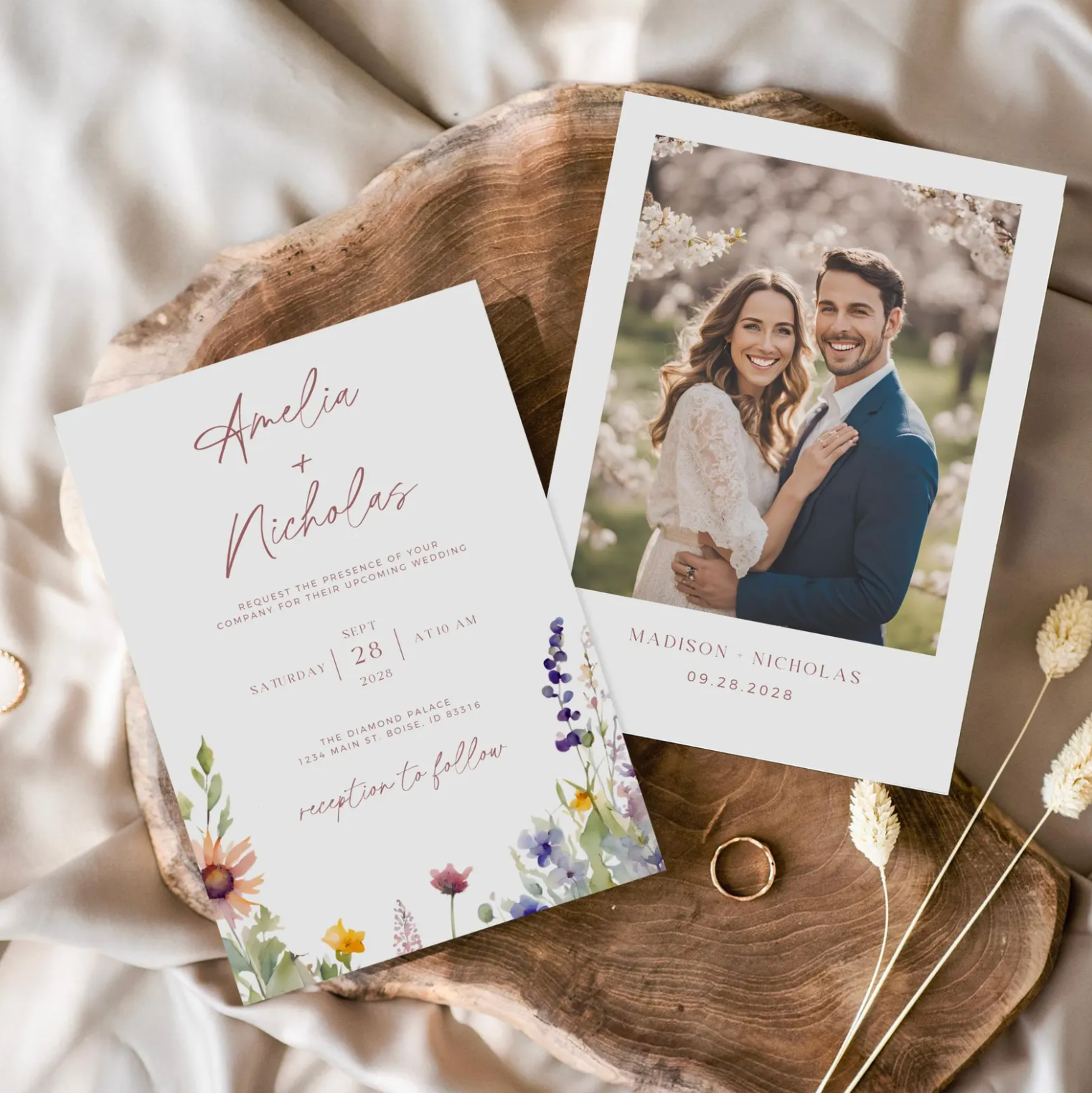 Boho Wildflower Wedding Invitation Suite - Editable Template