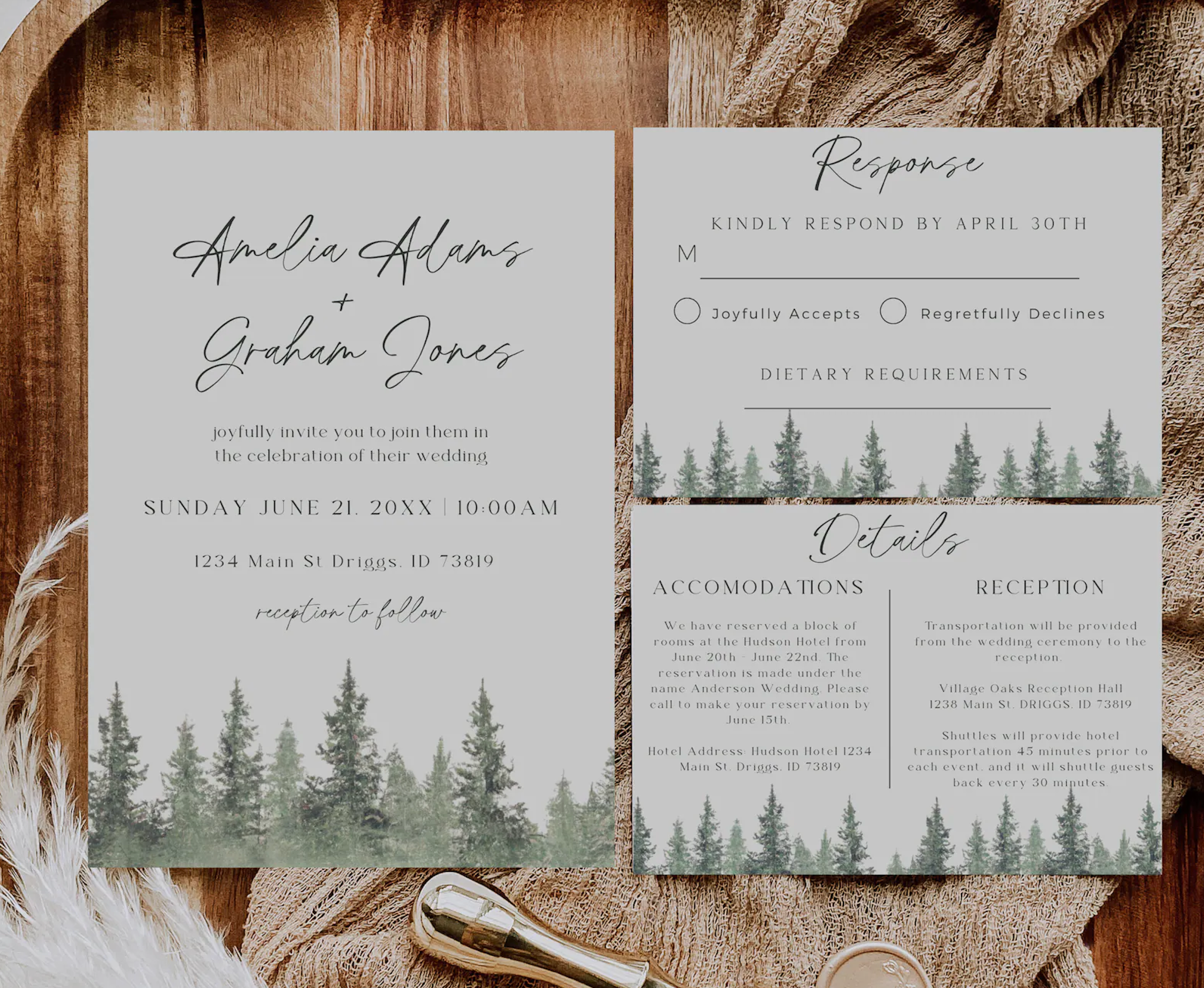 Pine Wedding Invitation Suite - Editable Template | Love Lane Press