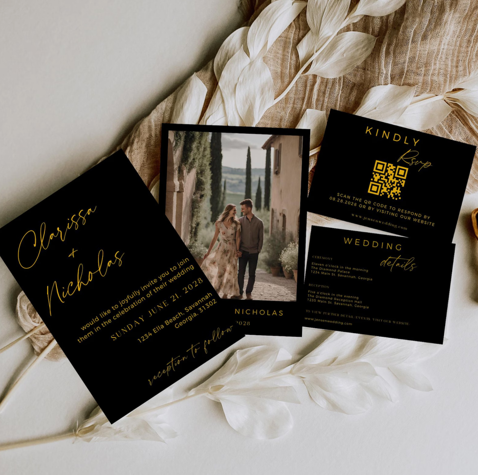 Black and Gold Wedding Invitation Suite - Editable Template | Love Lane Press