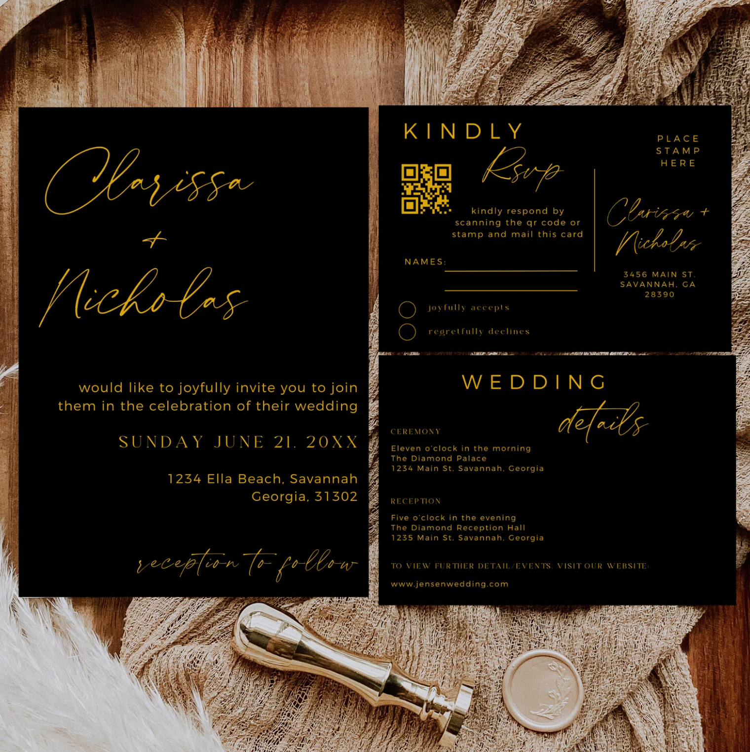 Black and Gold Wedding Invitation Suite - Editable Template | Love Lane Press